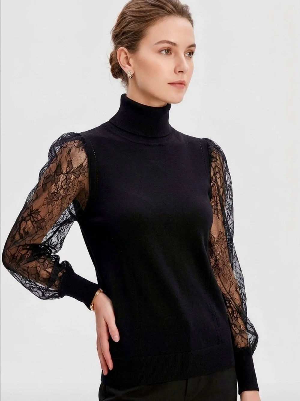 EQUIPMENT Femme Black Wool Silk Turtleneck Sweater Sheer Lace Sleeves Long Cuffs